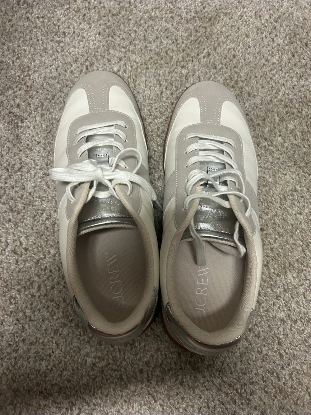 J. Crew Womens Cream & Light Gray Leather Sneakers comfort athleisure clean girl
